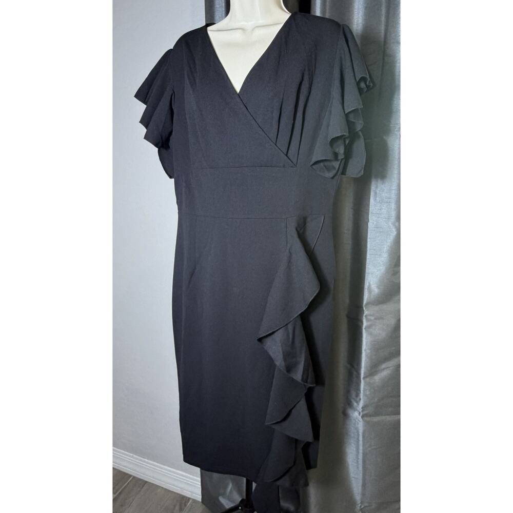 Knitee Women’s 2XL Black Deep V-neck Ruffle Sleeve Cocktail Party Pencil Dress‎
